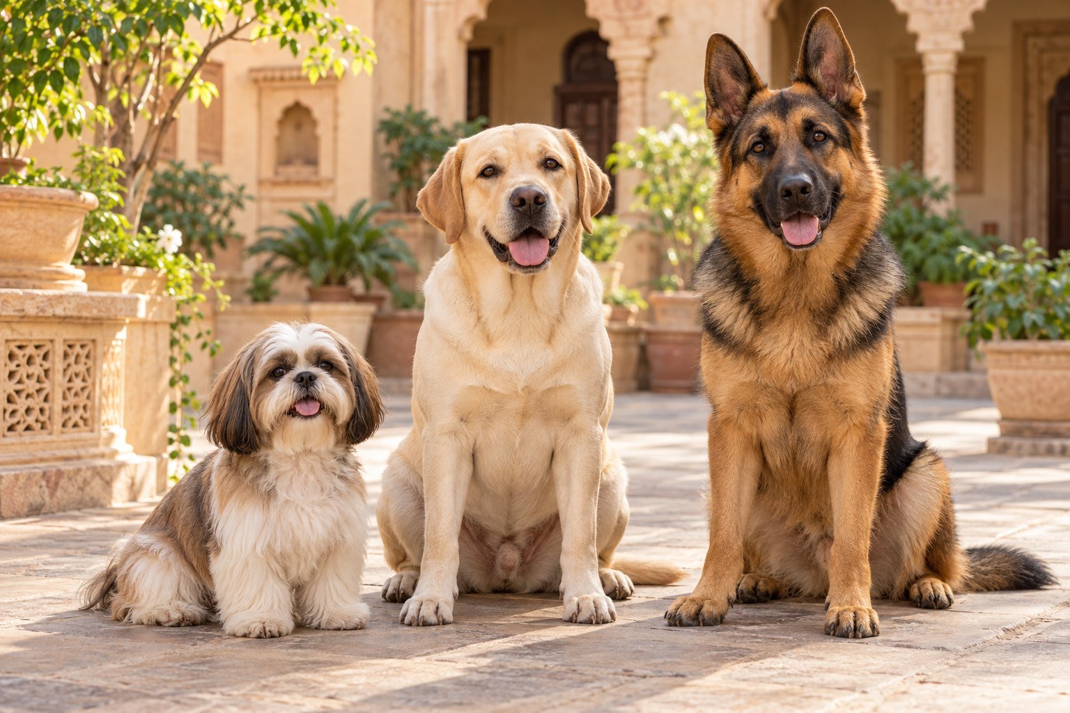 Illustrative Shih Tzu, Labrador and German Shepherd together in a warm courtyard